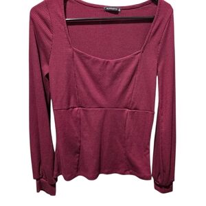 Staccato Ribbed Long-Sleeve Square Neck Top — Wine
